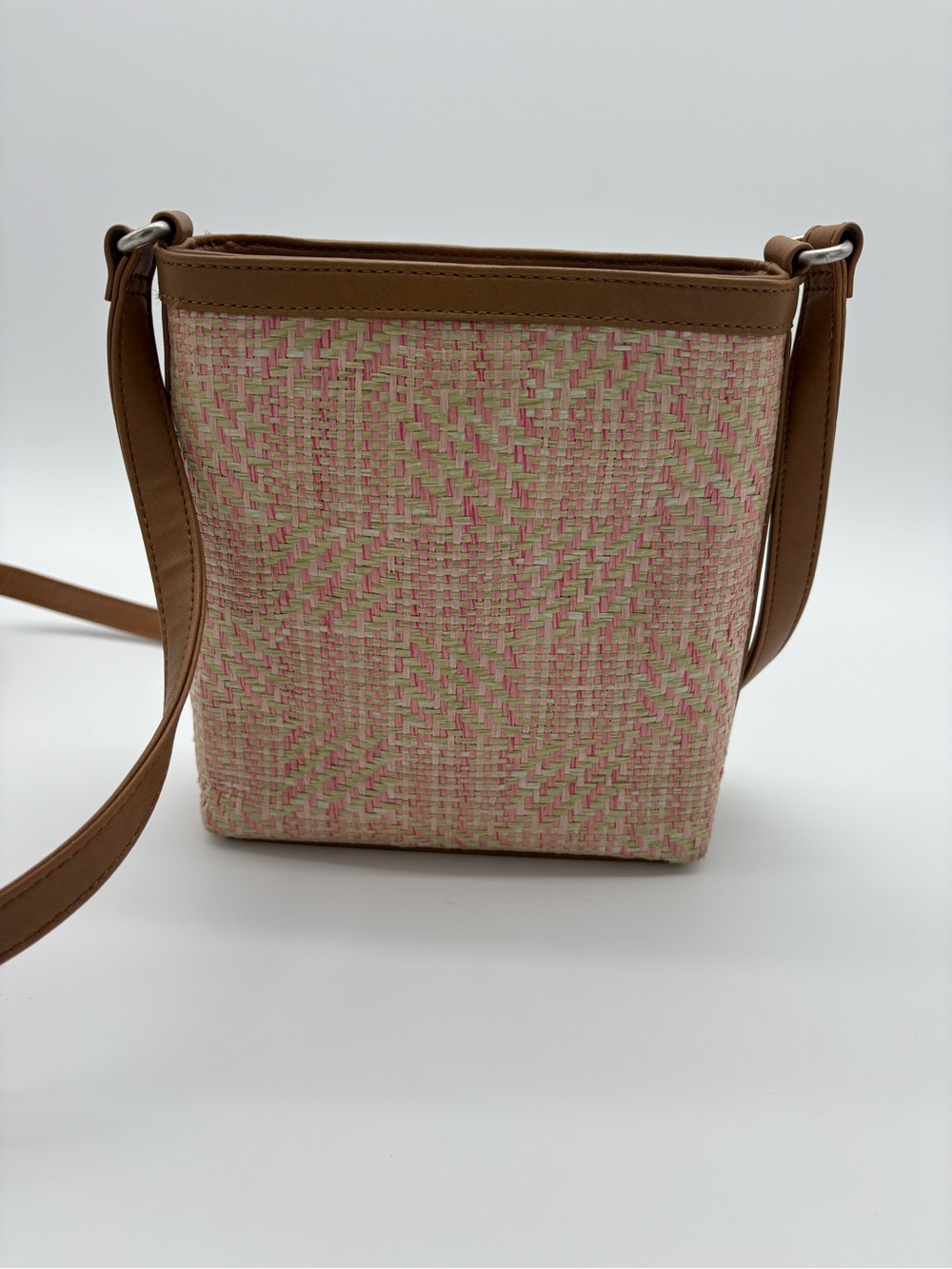 Fossil Pink and Tan Woven Crossbody Bag